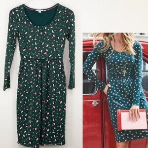 Boden Mabel Dress Midi Ruched Jersey Long Sleeve Floral Green Pink Size 4 Tall